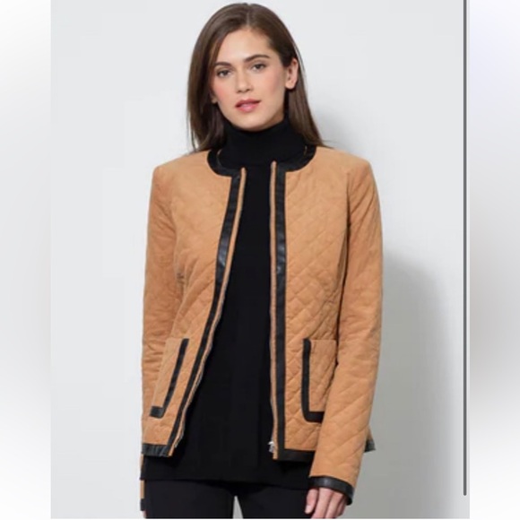 Etcetera Tan Black Quilted Faux Leather Trim Women's Jacket Size 6 - Picture 2 of 11